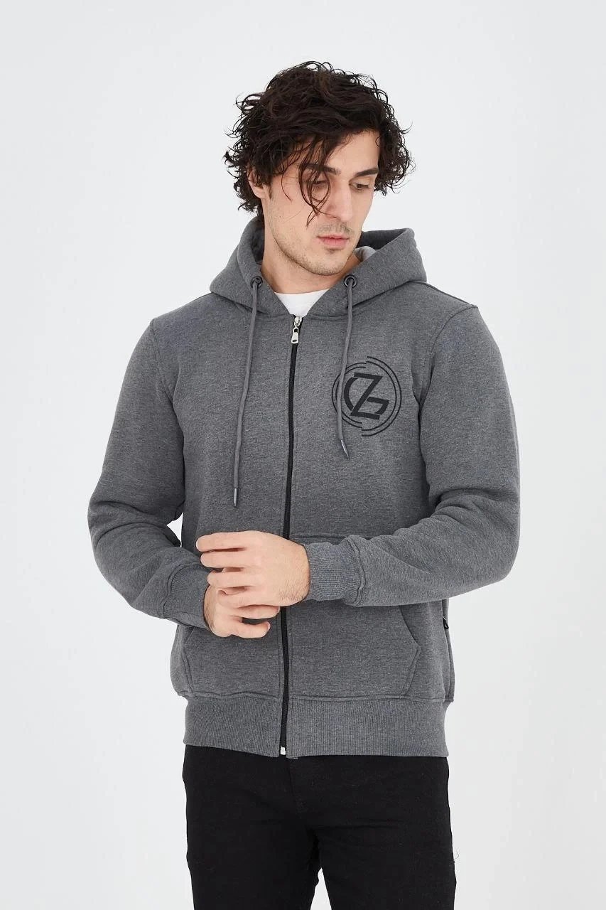 Erkek Füme 3 İplik Pamuklu Fermuarlı Kapüşonlu Baskılı Hoodie