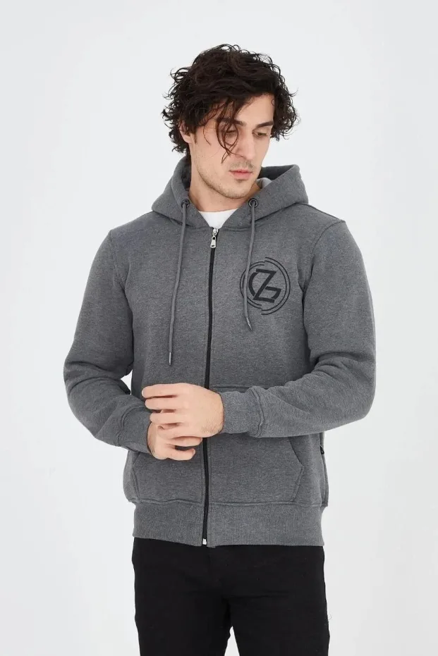Erkek Füme 3 İplik Pamuklu Fermuarlı Kapüşonlu Baskılı Hoodie 1