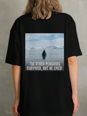 Femeie Tricou Negru cu Guler Bicicletă, Imprimeu Pinguin, Mânecă Scurtă