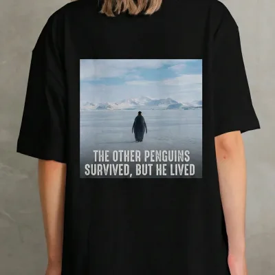 Femeie Tricou Negru cu Guler Bicicletă, Imprimeu Pinguin, Mânecă Scurtă 1
