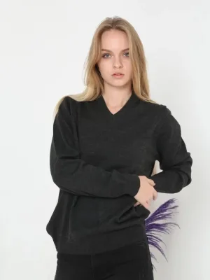 Women Smoke V-Neck Long Sleeve Plain Knit Sweater