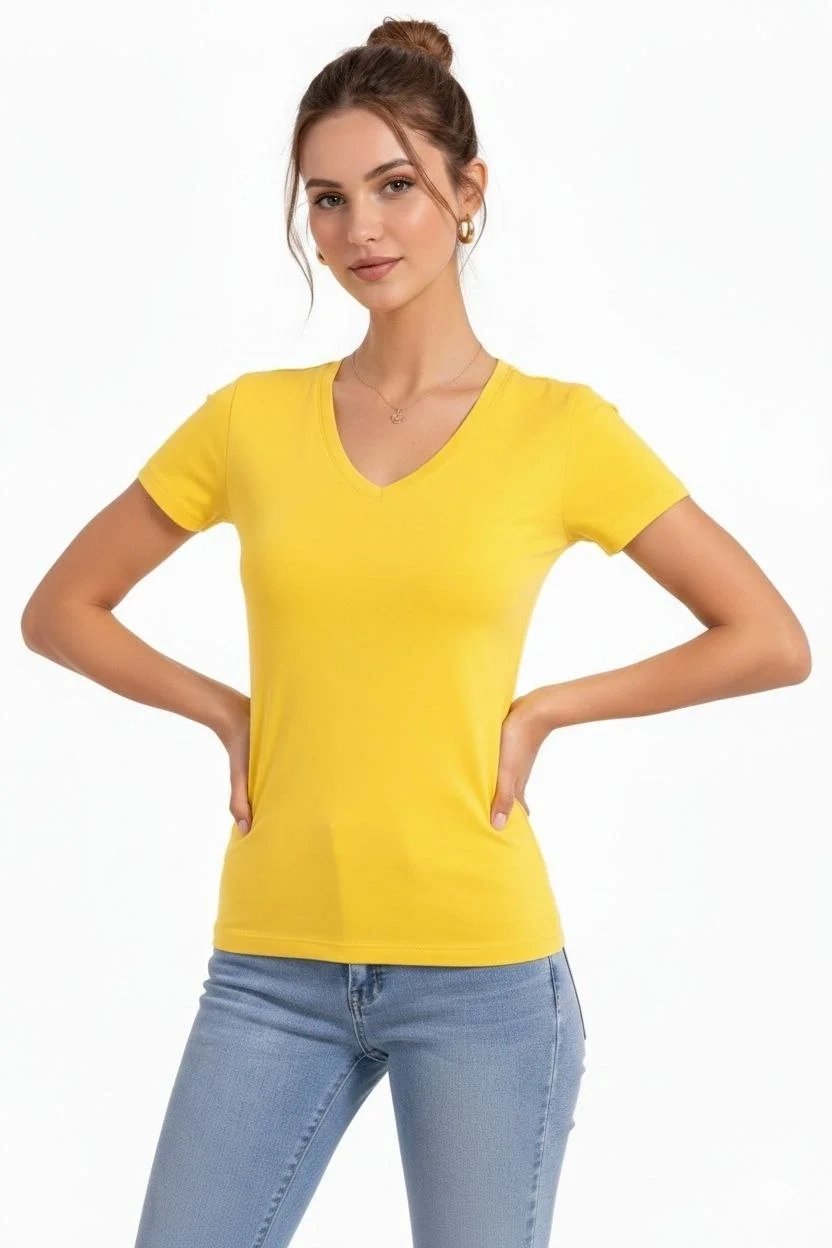 Femeie Tricou Basic Galben Slim Fit cu Guler V, Elastan 1