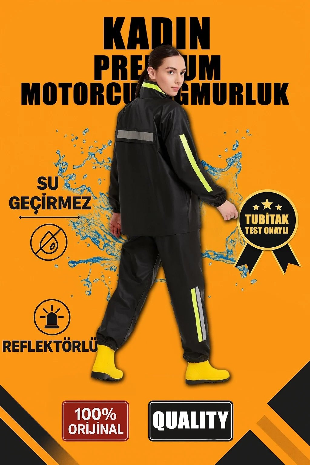Kadın Siyah Su Geçirmez PVC Reflektörlü Motorcu Yağmurluk Takım