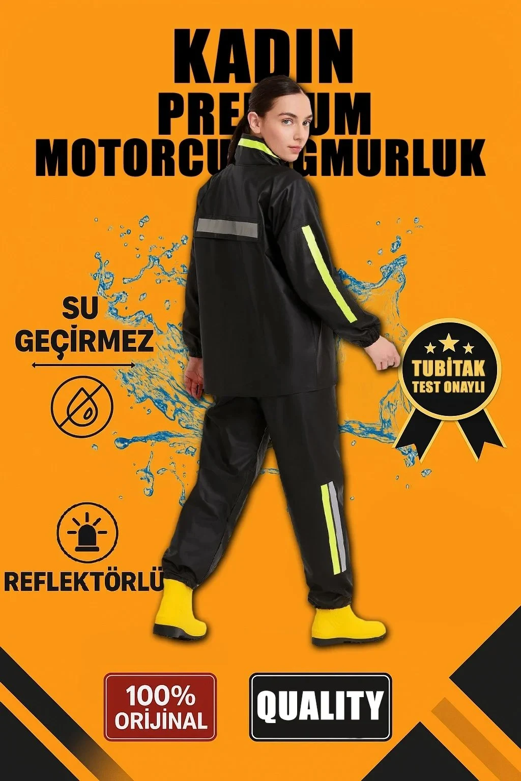Damski czarny wodoodporny zestaw przeciwdeszczowy dla motocyklisty z PVC i odblaskami