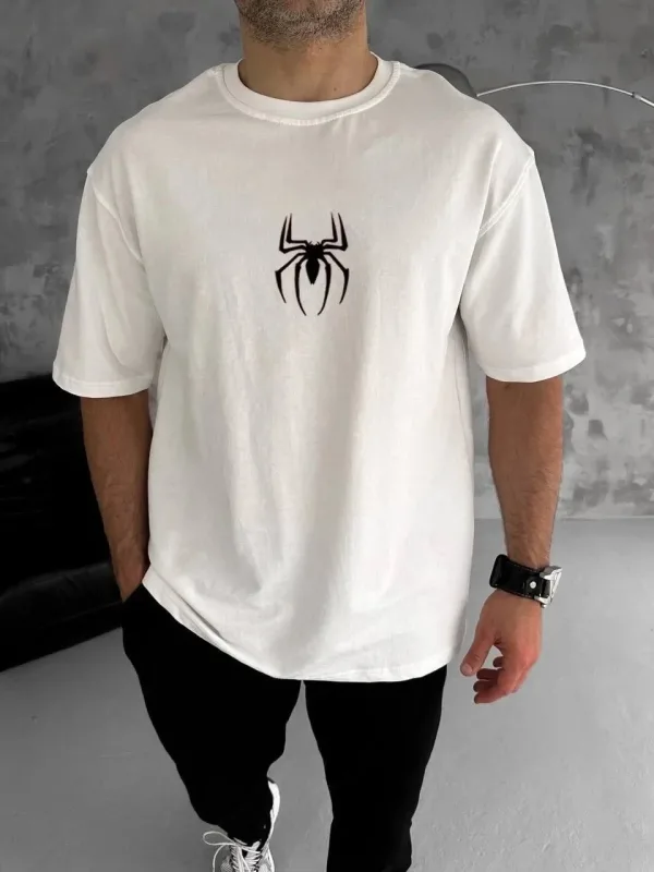 Muška bela oversize bicikli kragna pauk štampana majica 1