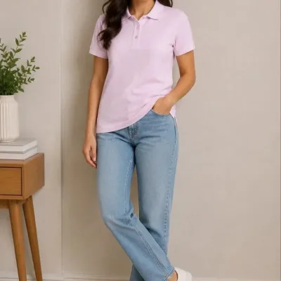 Women's Pink Basic Polo Neck Button Pique Fabric T-Shirt 2
