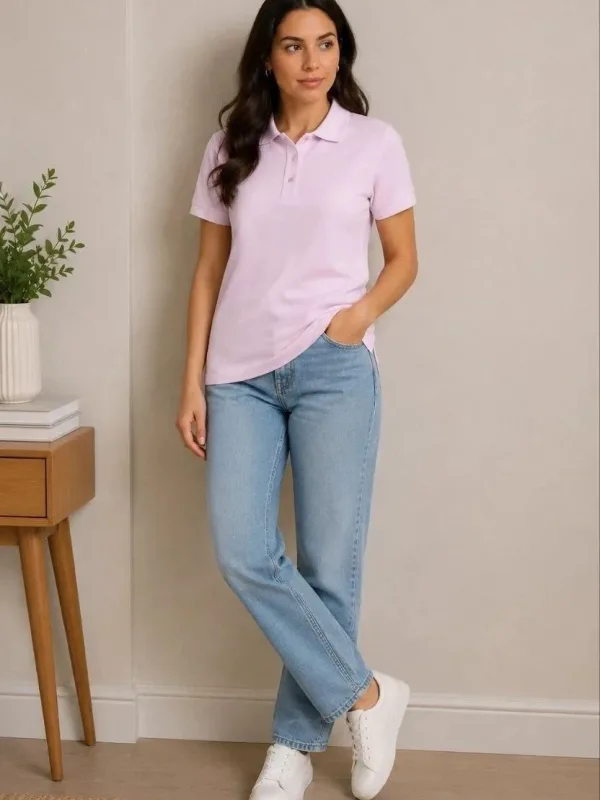 Women's Pink Basic Polo Neck Button Pique Fabric T-Shirt 2