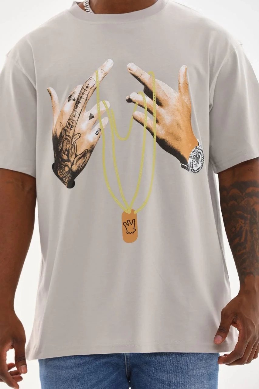 Gri Oversize Bicicletă Guler Imprimat Tricou Bărbătesc 1