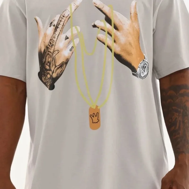 Men's Gray Oversize Crew Neck Printed T-Shirt