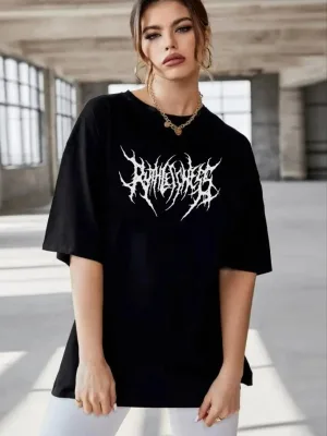 Femeie Tricou Negru Oversize cu Guler Bicicletă, Imprimare
