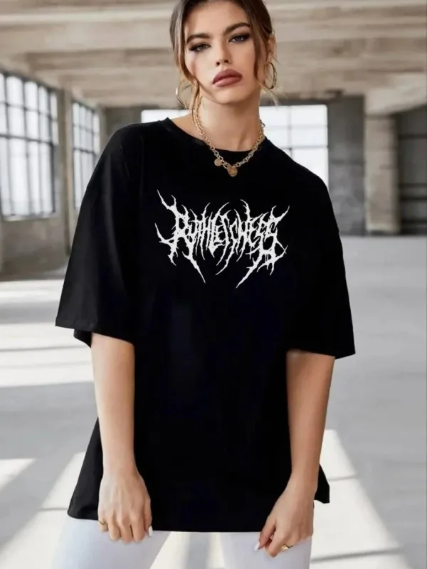Women's Black Oversize Crew Neck Printed T-Shirt 1