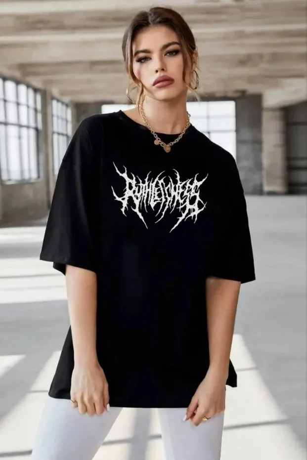 Femeie Tricou Negru Oversize cu Guler Bicicletă, Imprimare 1