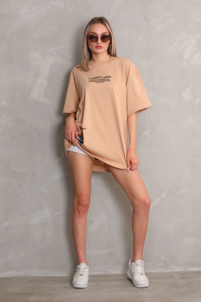 Женски Беж Oversize Бициклета Јака Печатена Кратка Ракав Маица 3