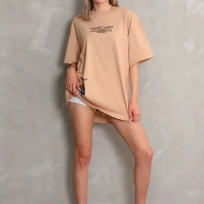 Женски Беж Oversize Бициклета Јака Печатена Кратка Ракав Маица 3
