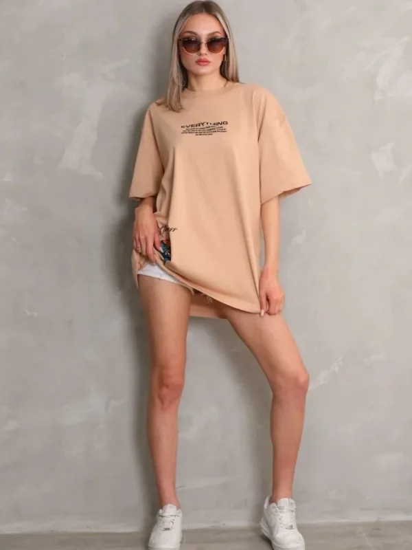 Женски Беж Oversize Бициклета Јака Печатена Кратка Ракав Маица 3