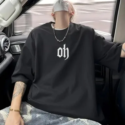 Машки црн oversize бицикли јака принт летна маица 1