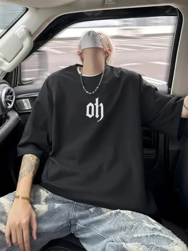 Машки црн oversize бицикли јака принт летна маица 1