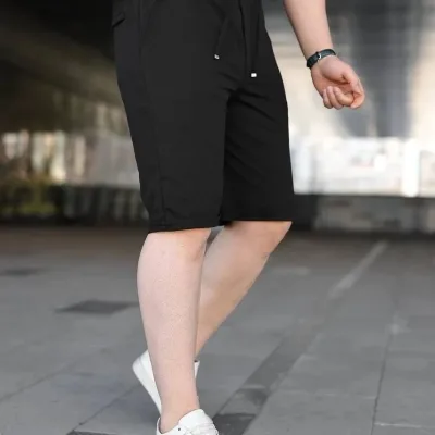 Men's Black Double Hem Pockets Elastic Drawstring Shorts 3