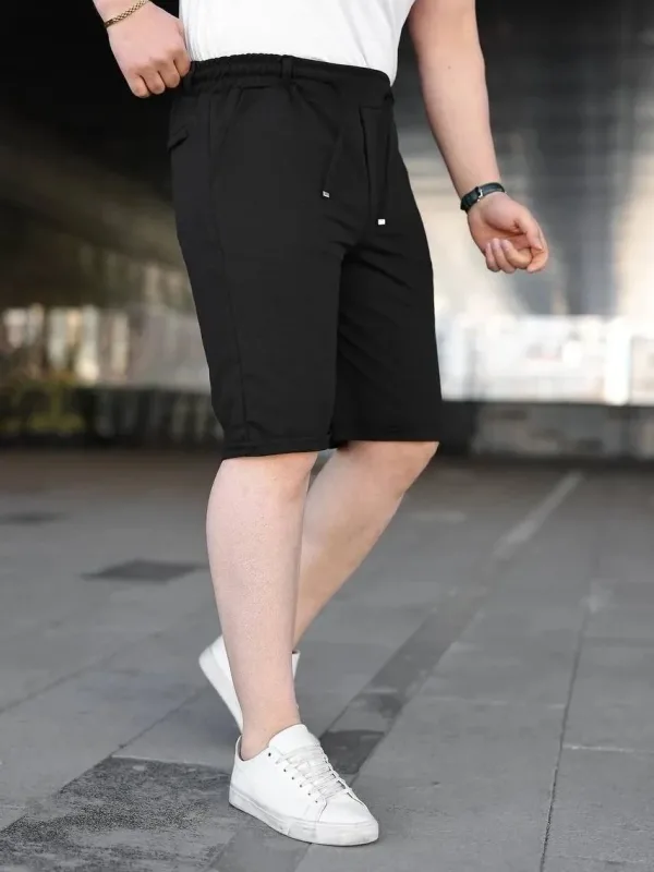 Men's Black Double Hem Pockets Elastic Drawstring Shorts 3