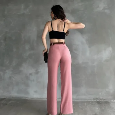 Lanene pantalone sa kaišem na struku, puder 6