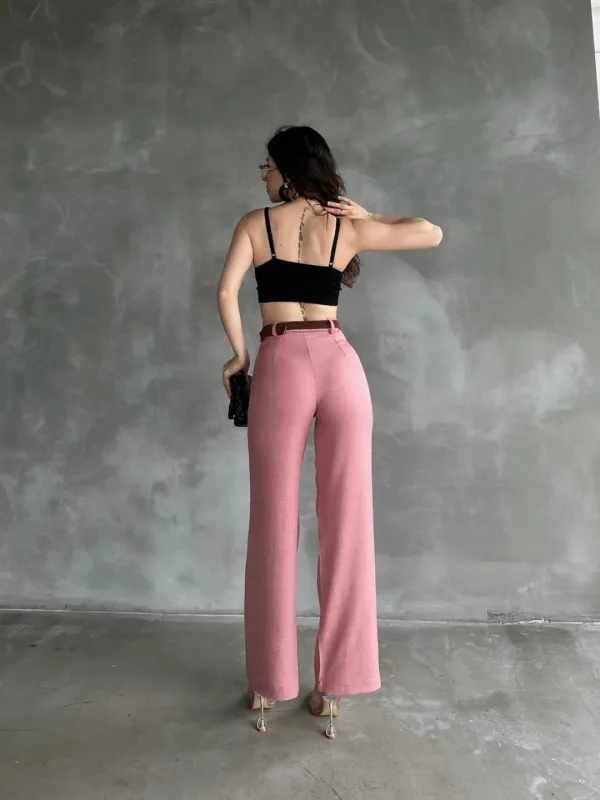 Lanene pantalone sa kaišem na struku, puder 6