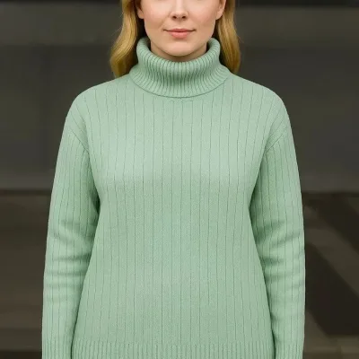 Women's Mint Green Ribbed Turtleneck Thick Knit Sweater 2