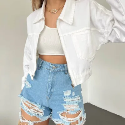 Zippered Double Pocket Denim Jacket White 5