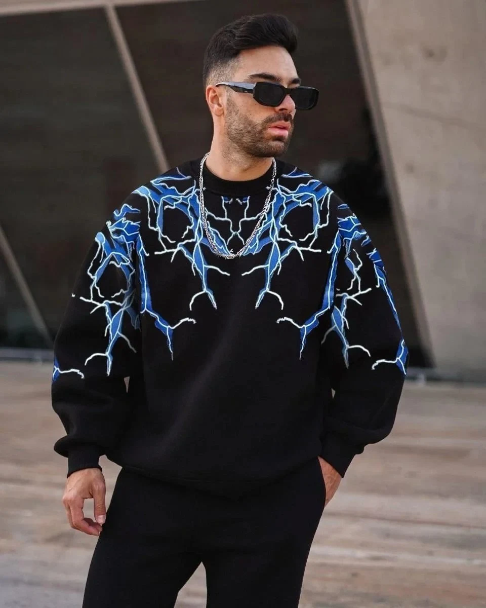 Men's Black 3-Thread Cotton Lightning Printed Crew Neck Sweatshirt