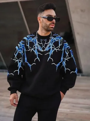 Men's Black 3-Thread Cotton Lightning Printed Crew Neck Sweatshirt