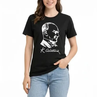 Ženska Crna Bicikli Kragna Ataturk Print Majica 1