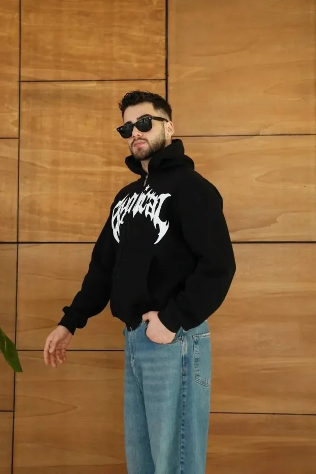 Erkek Siyah Oversize Kapüşonlu 3 İplik Şardonlu Baskılı Fermuarlı Hırka 4