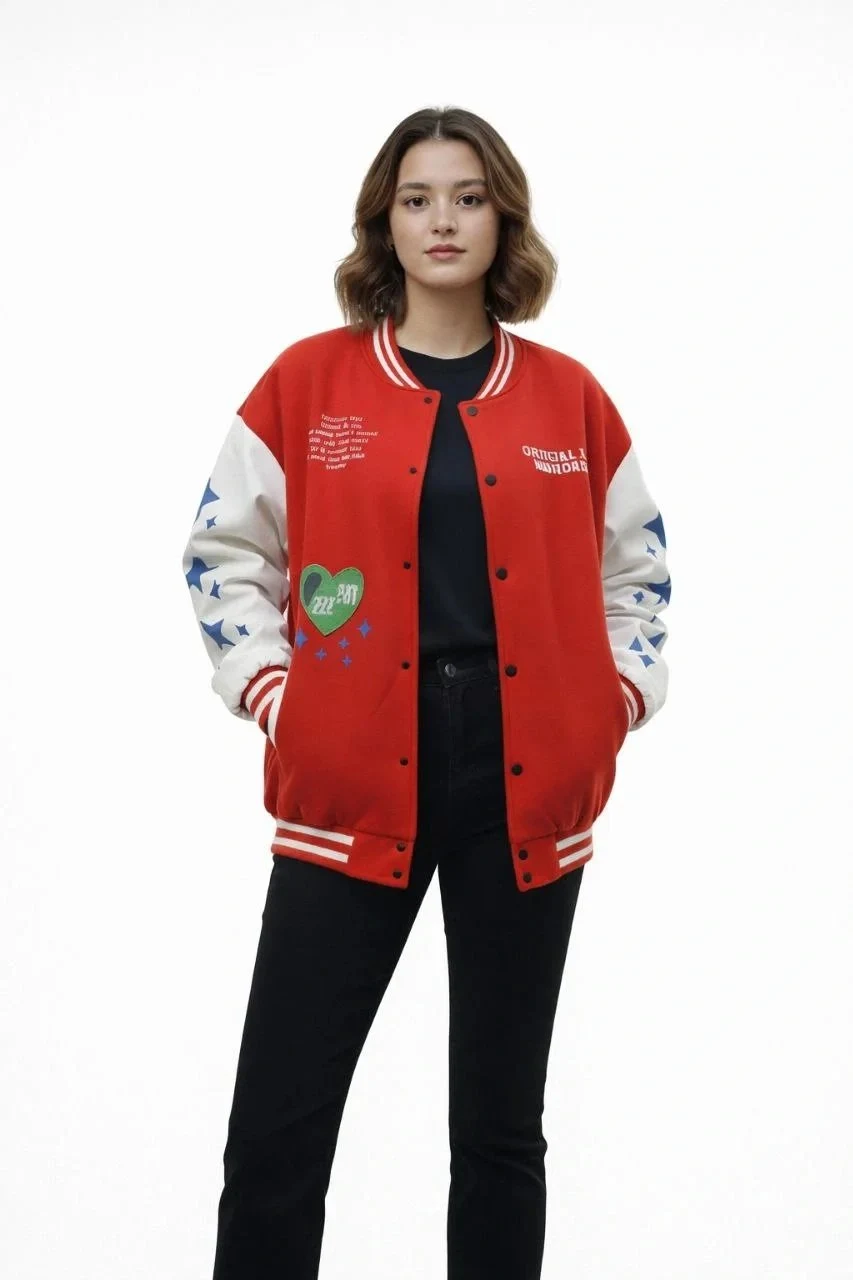 Women's Red Oversize 3-Thread Cotton Snap Button Printed College Jacket