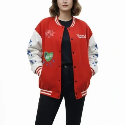 Women's Red Oversize 3-Thread Cotton Snap Button Printed College Jacket 1