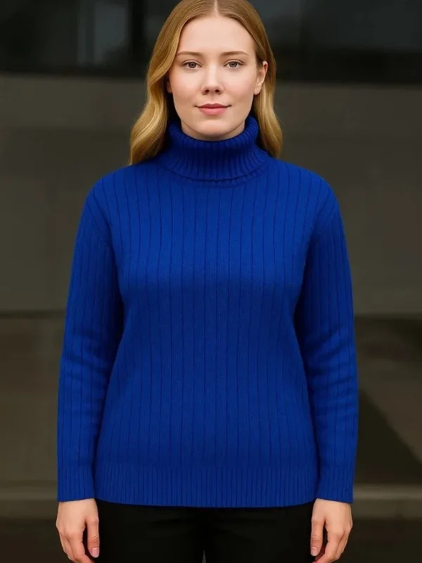 Damski błękitny prążkowany golf sweter 2