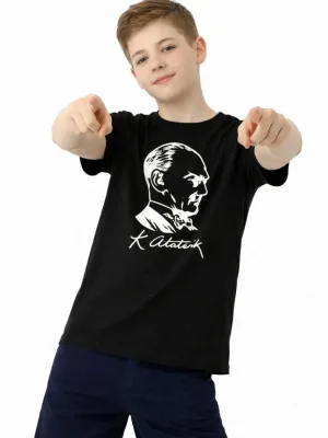 Cocuk Siyah Ataturk Baskili Bisiklet Yaka Tisort