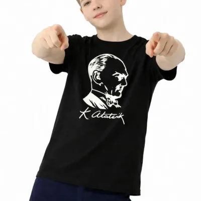 Cocuk Siyah Ataturk Baskili Bisiklet Yaka Tisort 1