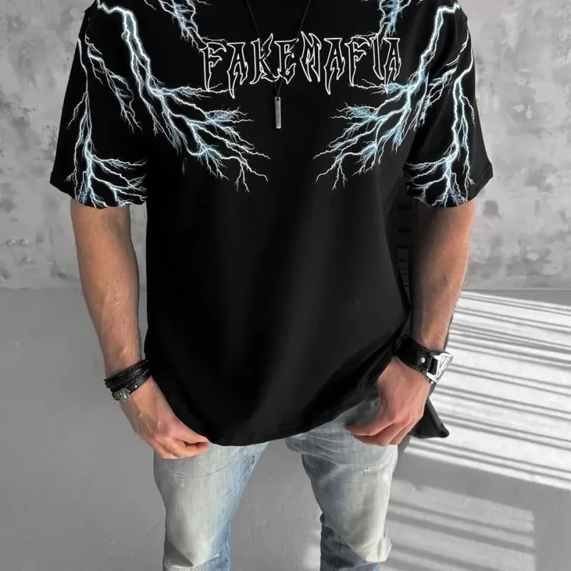Bărbat Negru Guler Bicicletă Fulger Imprimat Mânecă Scurtă Tricou
