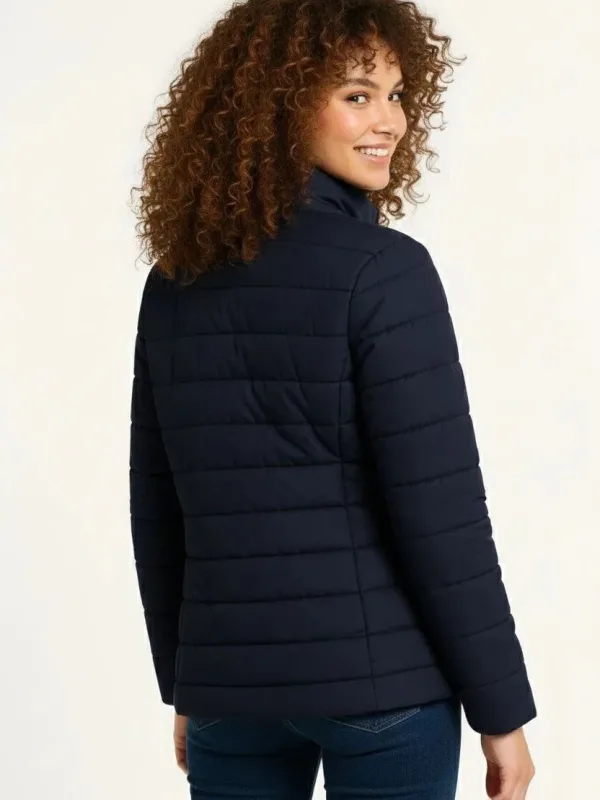 Women's Navy Micro Water Repellent Quilted Printed Zippered Bomber Jacket 2
