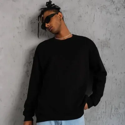 Sweatshirtê Mêran ê Reş, Stûyê Bisîkletê, 3 Têl, Pembû, Çapkirî 1