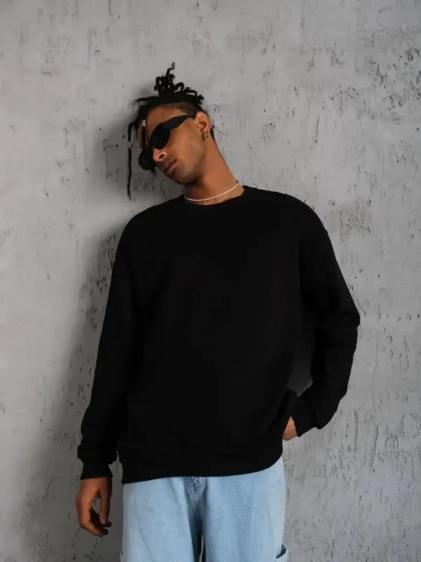Sweatshirtê Mêran ê Reş, Stûyê Bisîkletê, 3 Têl, Pembû, Çapkirî 1