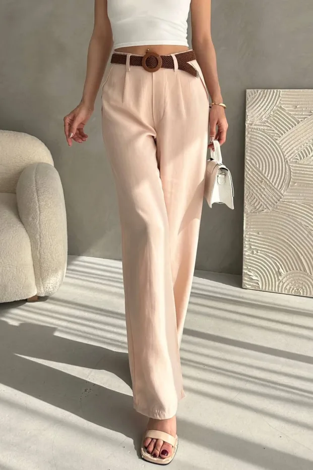 Belted Linen Pants Light Beige 1