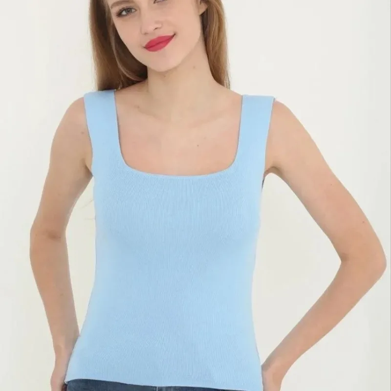 Dámsky modrý hranatý výstrih detail lycra crop top