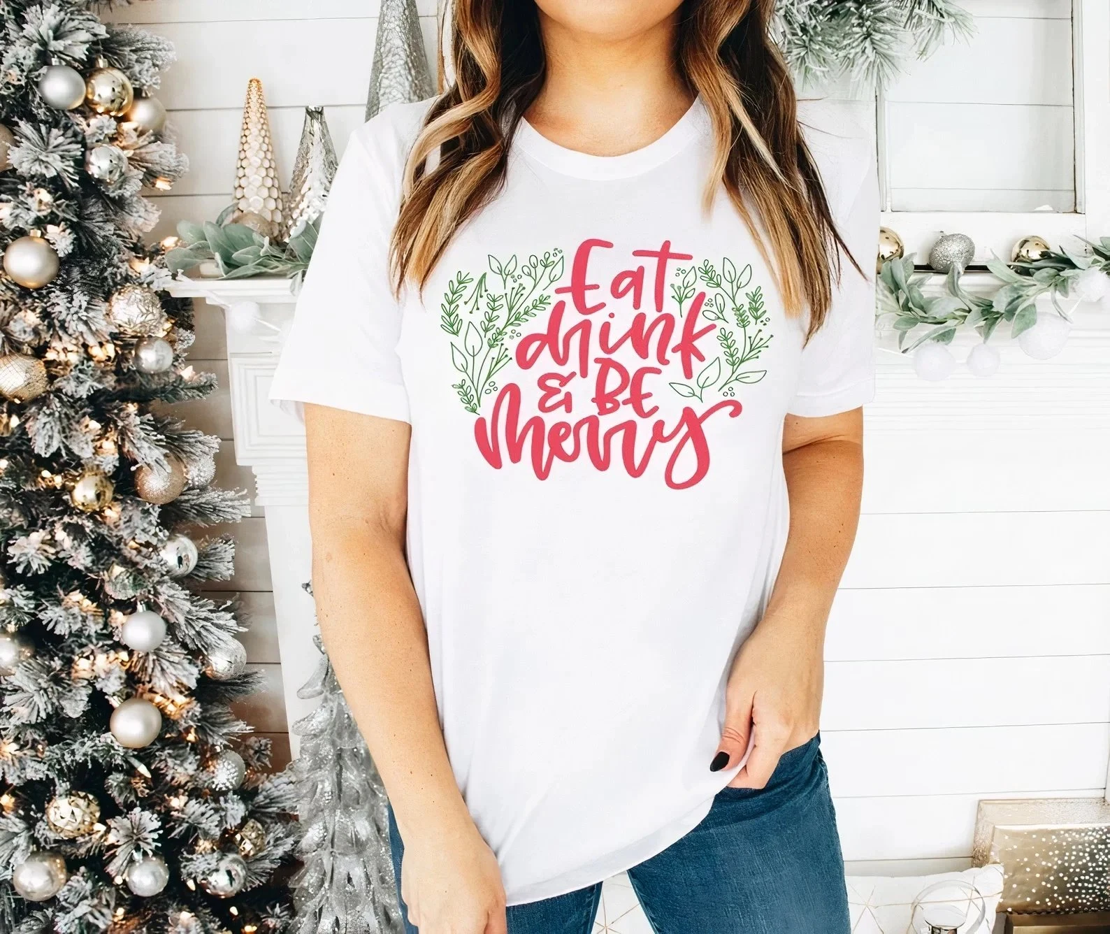 Men's White Oversize Christmas Noel Printed Scoop Neck T-Shirt