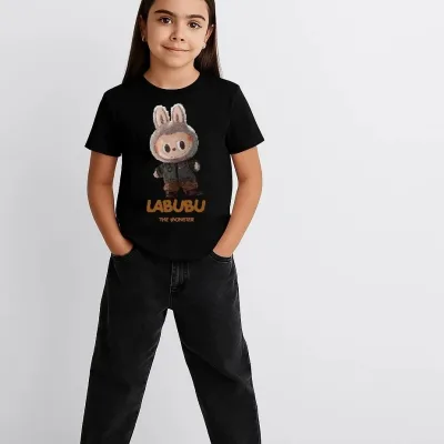Девојче црн Labubu печатен детски T-shirt 2