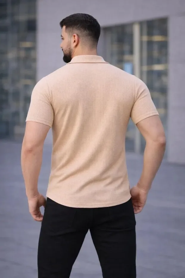 Erkek Bej Regular Fit Waffle Kumaş Düğmeli Açık Yaka Gömlek 4