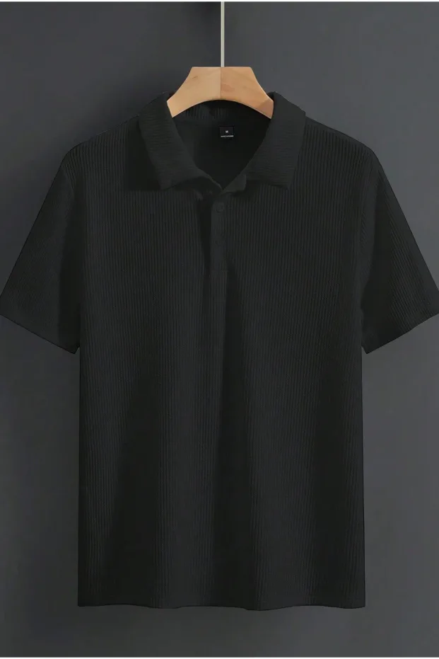 Erkek Siyah Oversize Bisiklet Yaka Fitilli Pamuklu Polo Tişört 3