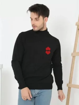 Bărbat Negru Jumătate Guler Înalt Tricou Imprimat