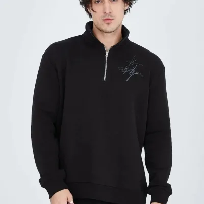Men's Black Half-Zip 3-Thread Cotton Printed Sweatshirt 7