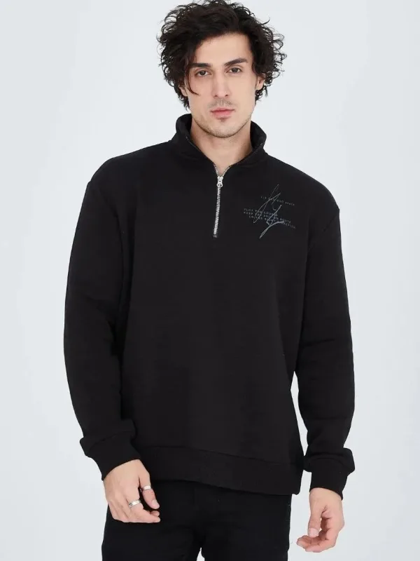 Men's Black Half-Zip 3-Thread Cotton Printed Sweatshirt 7
