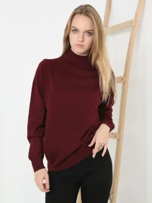 Women Burgundy Soft Texture Half Turtleneck Cotton Knit Sweater